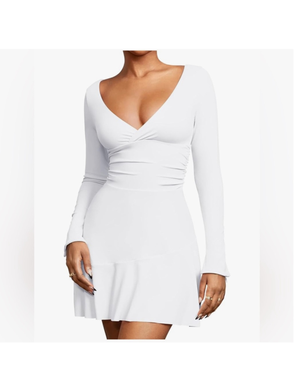 NEW White Long Sleeve Ruched Deep V A-Line Mini Dress XL